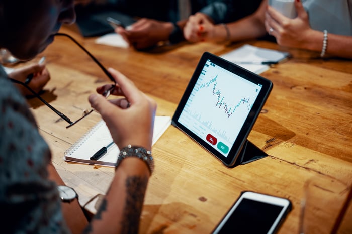 An investor looking at a stock chart on a tablet.