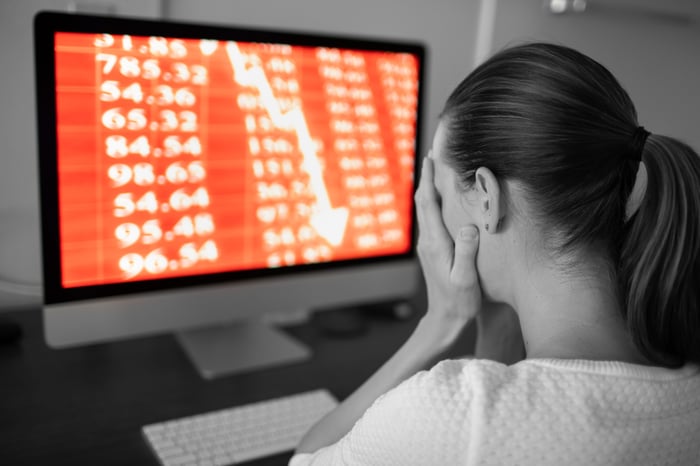A person holding their face with a computer showing stock losses in the background. A person holding their face with a computer showing stock losses in the background.