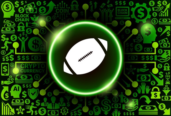 Football logo overlaid on top of various crypto symbols.