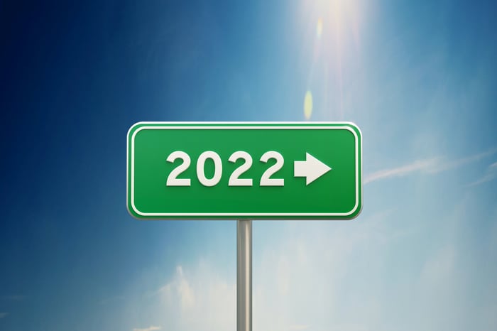 2022 with an arrow on a green road sign against a blue sky.