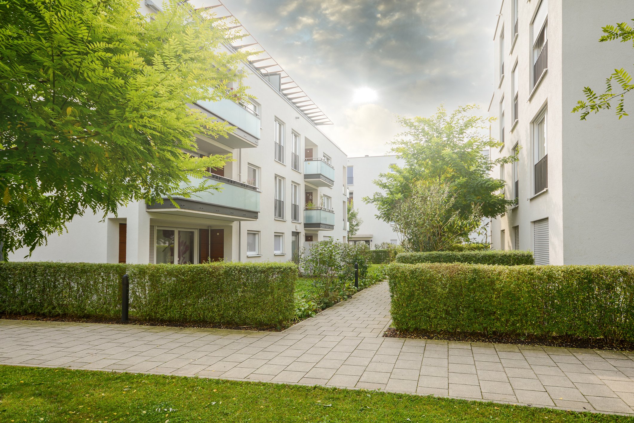 A apartment community surrounded by lots of greenery.
