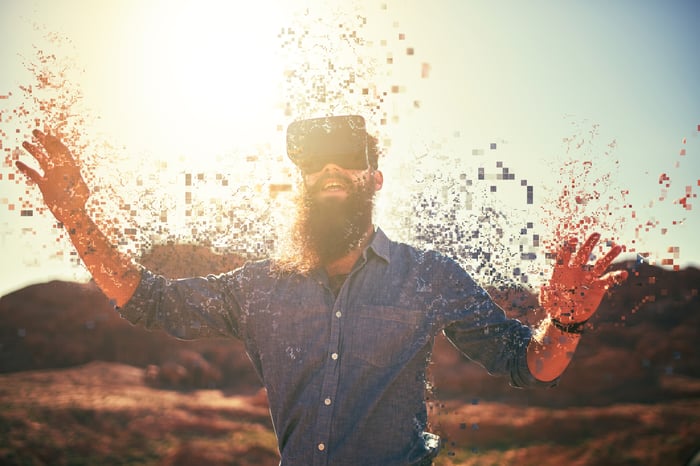 Man wearing a virtual reality headset.