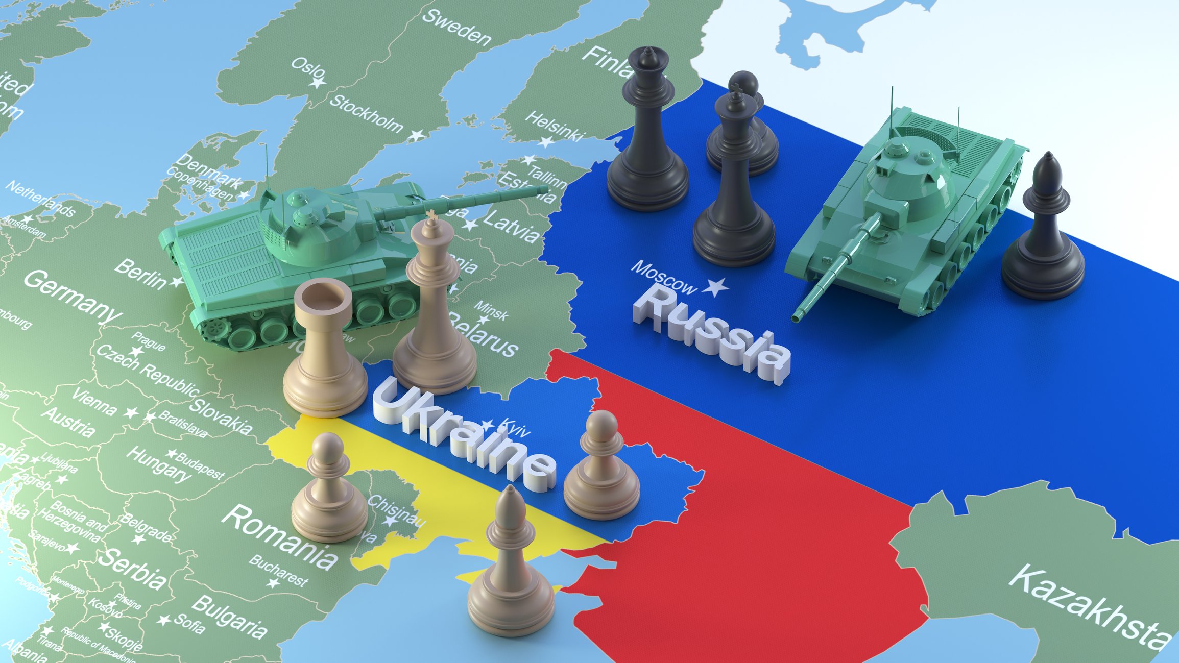 Map of Russian-Ukrainian border with chess pieces and tanks arrayed on both sides.