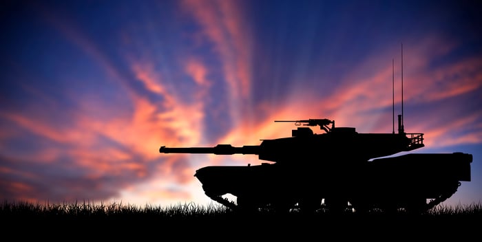 M1 Abrams Main Battle Tank silhouetted against a sunset.