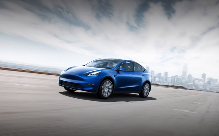 A blue Tesla Model Y.
