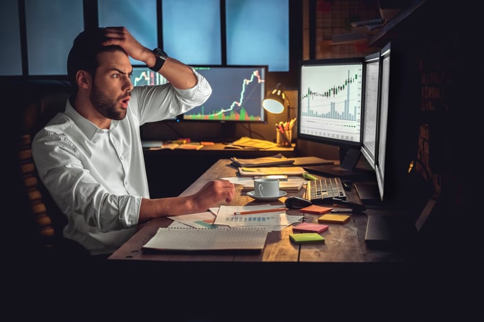 A trader expresses shock while looking at a stock chart displayed on his home office screens.