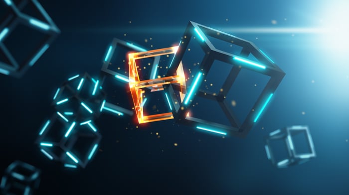 Various digital-looking cubes connected in a chain.