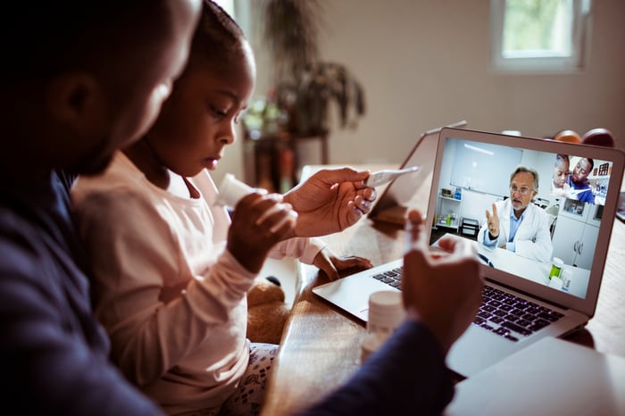 People using a telehealth service on a computer.
