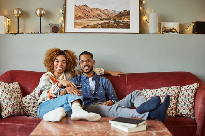 Two people sitting on a couch with feet on coffee table.