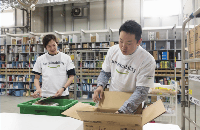 Two Amazon sustainability ambassadors in packaging plant environment