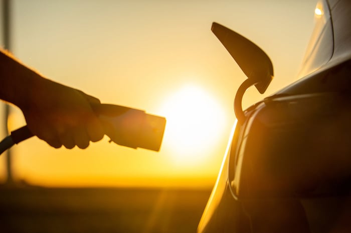 Silhouette of a hand holding a charger next to an electric vehicle with a bright yellow sun in the background. 