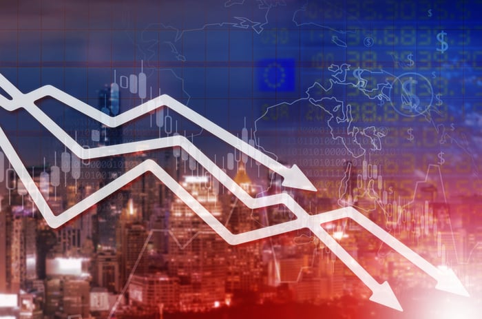 Stock arrows trending down against a cityscape and global map background.