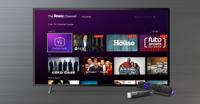 The Roku Channel homescreen displayed on a TV. A Roku stick in front of the TV set.