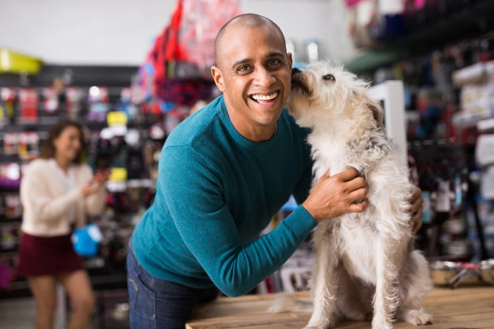 Person with dog in store.