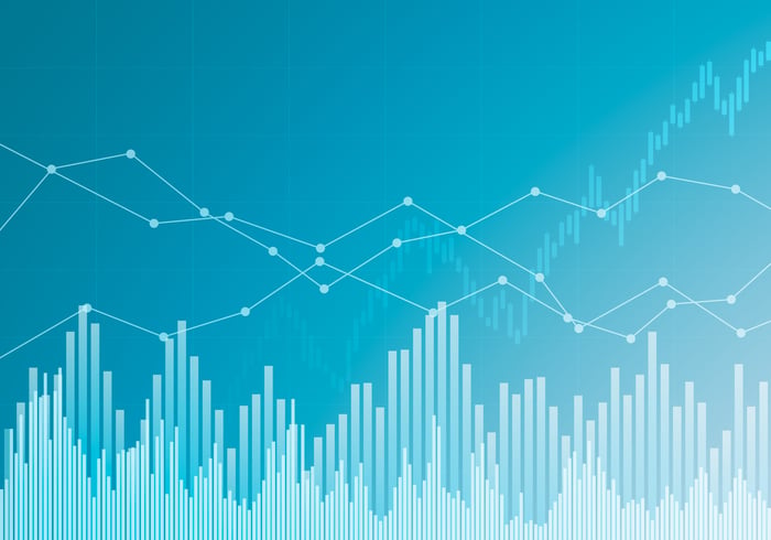 White graphs on a blue background.