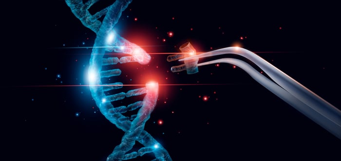 An artist's rendering of a segment being removed from a DNA strand using tweezers.
