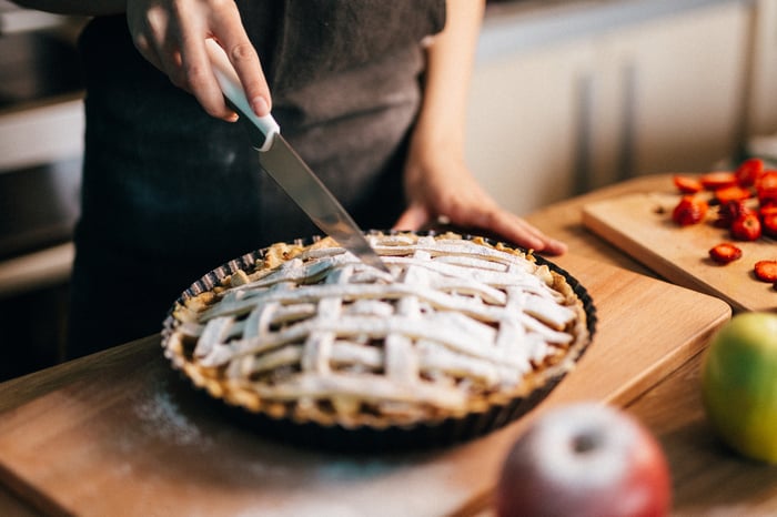 Person cutting a pie.