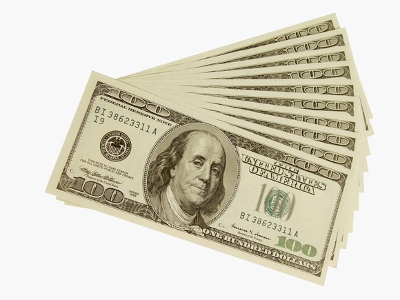 An arrangement of $100 U.S. banknotes.