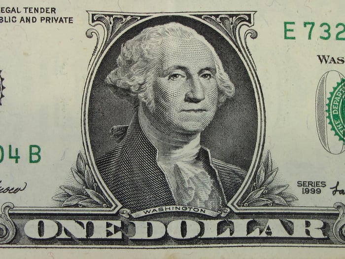 An up-close view of George Washington's portrait on a one dollar bill. 