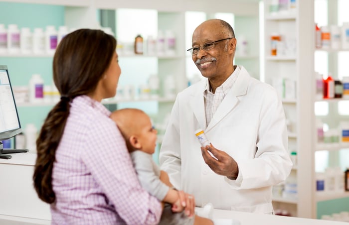 Pharmacist handing prescription medication to a customer.