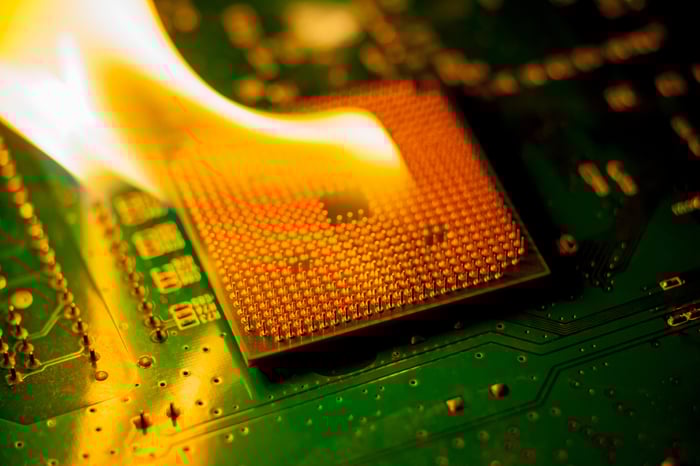 A burning computer chip.
