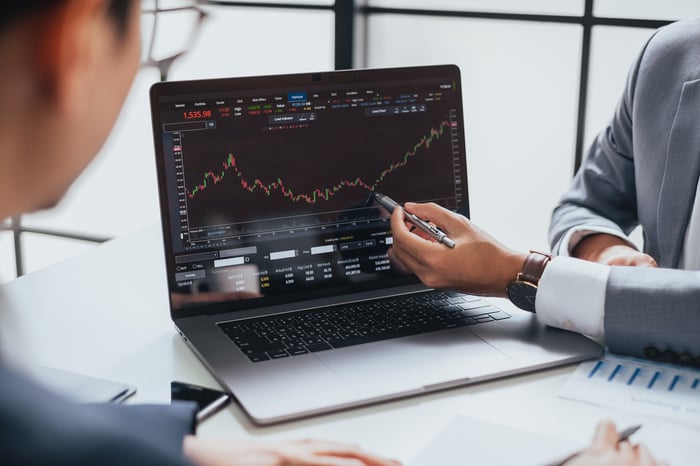 A person using a pen to point to a bottom in a stock chart on their laptop. 