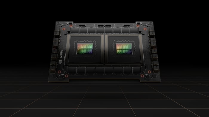 The side of a computer chip made by Nvidia.