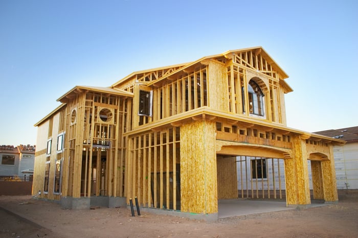 A framed, partially constructed home.