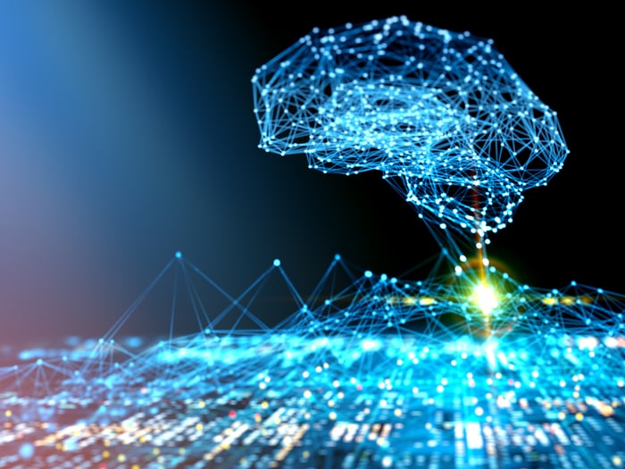 An image of a brain made of dots and connected lines.