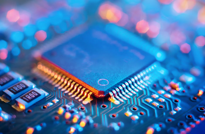 A microchip on a motherboard.