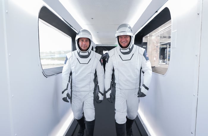 Two of Ax-1's crew of four astronauts walking to board a SpaceX Crew Dragon en route to ISS. 