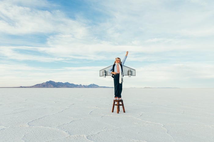 A child with airplane wings strapped to their back points up at the sky.