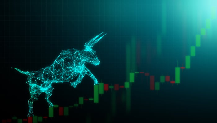 Neon blue bull climbs a rising stock chart.