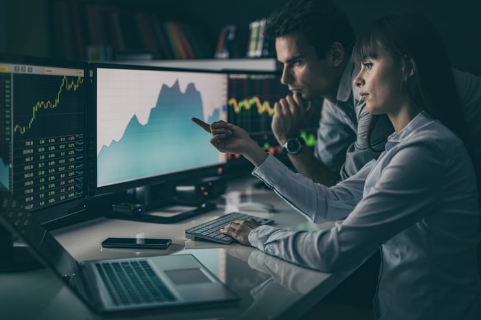 People looking at a stock chart on a computer. 