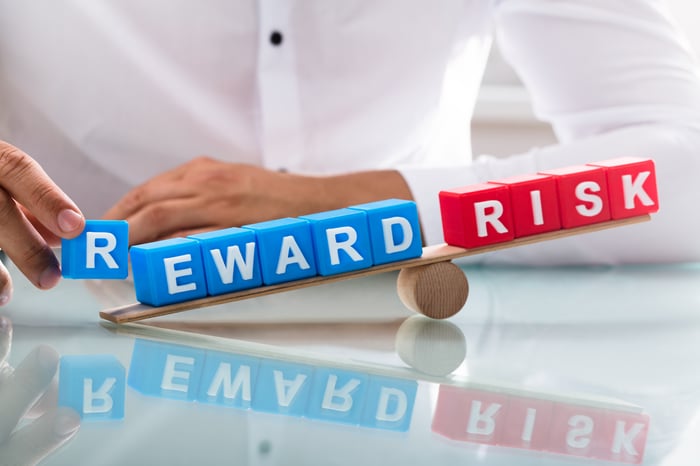 Person trying to balance the words risk and reward.