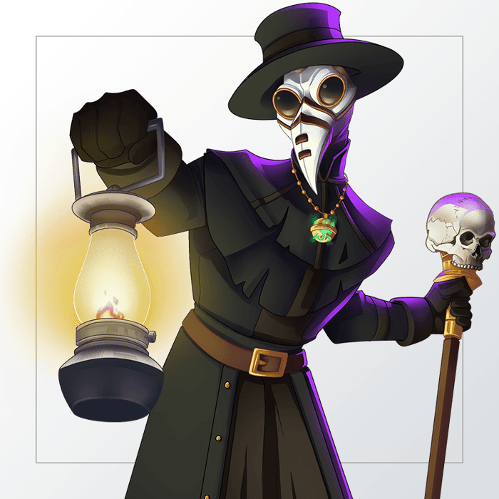 Person wearing an alien gas mask holds up a lantern with one hand and a cane with a skull at the top in the other.