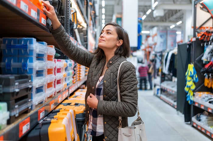 A person grabbing an item from a store shelf.