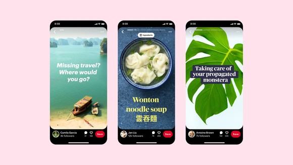 Three cell phones with screens showing a travel, food, and plant care "story pin."