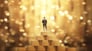 A person standing on a stack of gold coins.