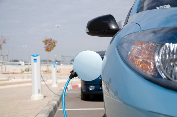 Front view of a light blue electric vehicle charging at charging station that looks to be on a side of a road or parking lot.