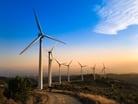 A wind farm at sunset.