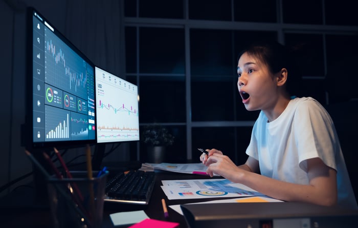 A surprised person looking at computer screens with stock price charts on display.