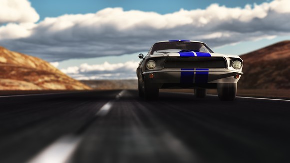 Classic Ford Mustang races down an open road.