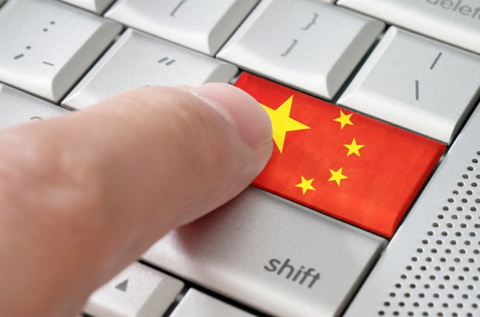 Finger pressing Chinese flag key on computer keyboard.