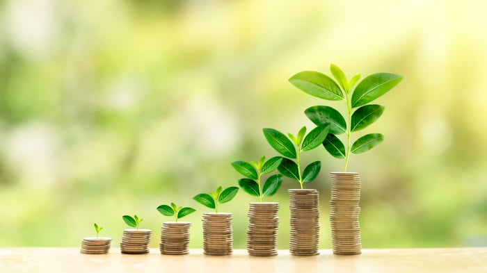 Plants growing on a rising stack of coins.