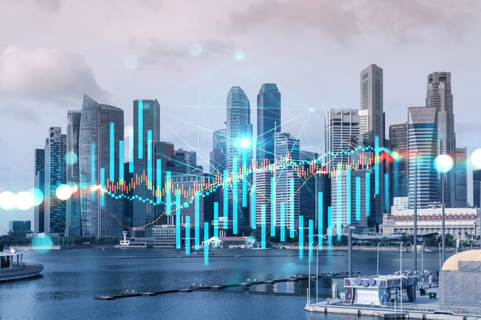 Stock market price chart display over a panorama view of Singapore.