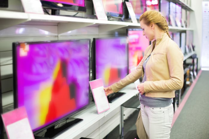 A woman shopping for a TV.