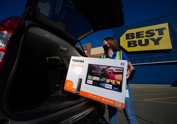 Working loading a TV into an SUV in front of a Best Buy store.