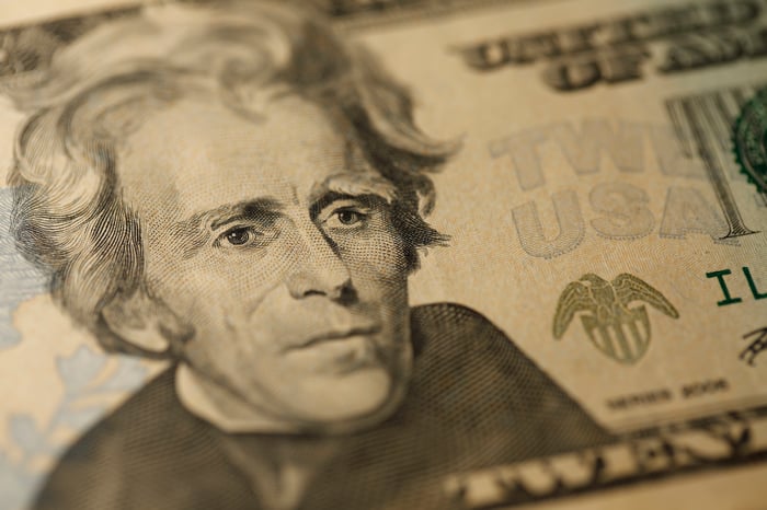 A close-up of Andrew Jackson's portrait on a $20 bill. 