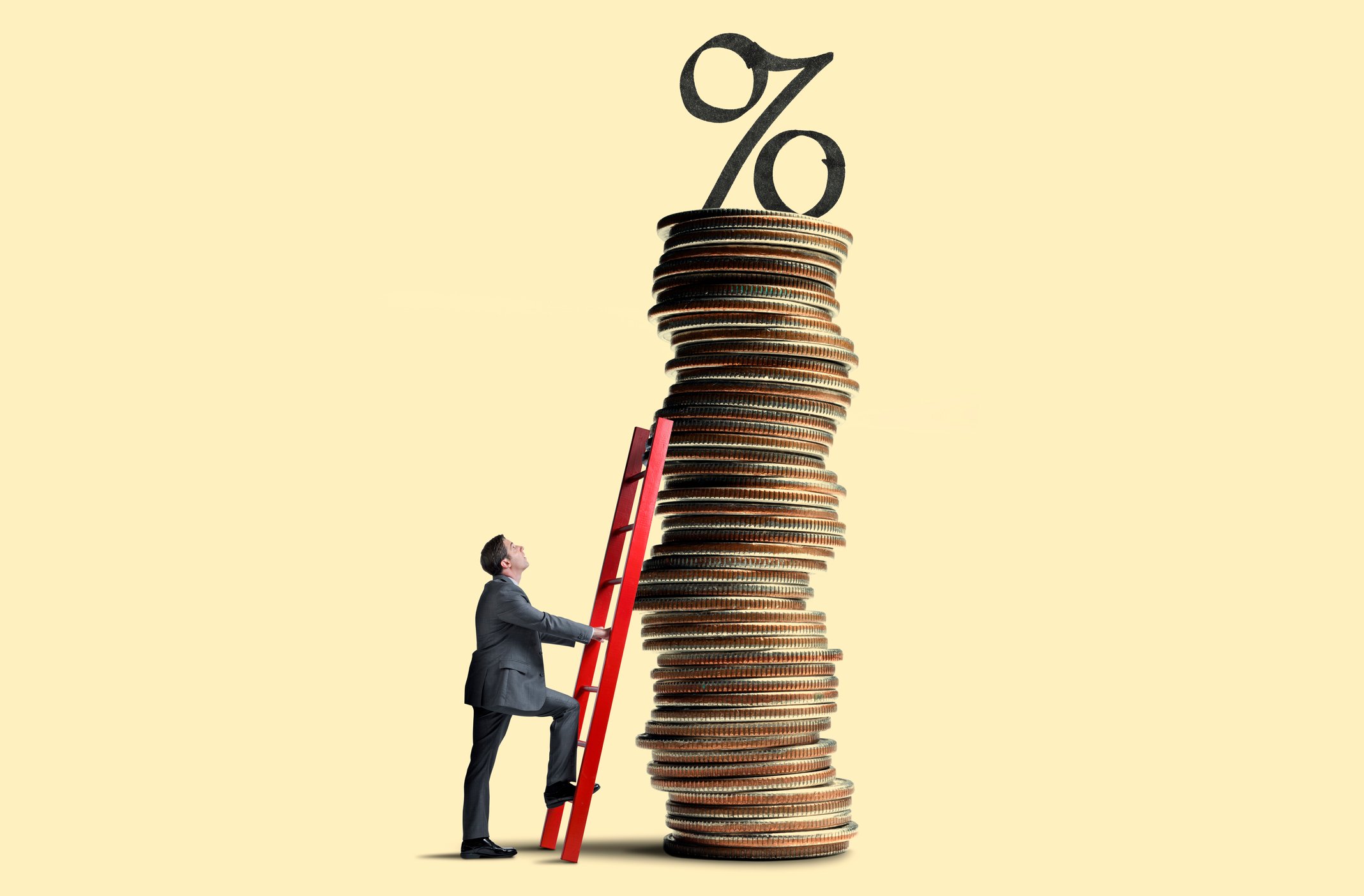 A percentage sign on top of a large stack of coins and a person with a ladder.